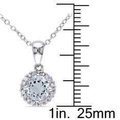 Round Aquamarine and Diamond Halo Pendant 1/10ctw