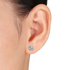 Round Aquamarine and 1/15ctw Diamond Halo Sterling Silver Stud Earrings