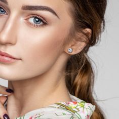 Round Aquamarine and 1/15ctw Diamond Halo Sterling Silver Stud Earrings