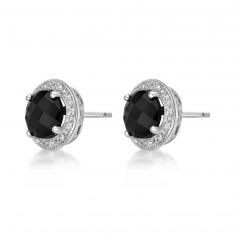 Round Black Onyx, Created White Sapphire and Diamond Accent Halo Stud Earrings