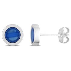 Round Blue Agate Sterling Silver Stud Earrings