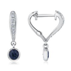 Round Blue Sapphire and 1/10ctw Diamond White Gold Hoop Earrings