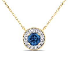 Round Blue Sapphire and 1/5ctw Lab Grown Diamond Halo Yellow Gold Necklace