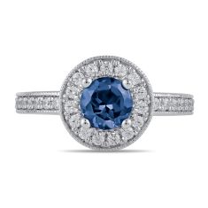 Round Blue Sapphire and 3/8ctw Lab Grown Diamond Halo White Gold Ring