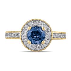 Round Blue Sapphire and 3/8ctw Lab Grown Diamond Halo Yellow Gold Ring