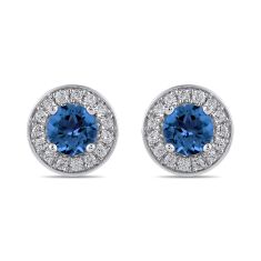 Round Blue Sapphire and 3/8ctw Lab Grown Diamond White Gold Halo Stud Earrings