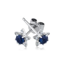 Round Blue Sapphire and Diamond Accent Star White Gold Stud Earrings