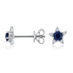 Round Blue Sapphire and Diamond Accent Star White Gold Stud Earrings
