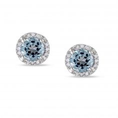 Round Blue Topaz and Diamond Halo Stud Earrings 1/15ctw