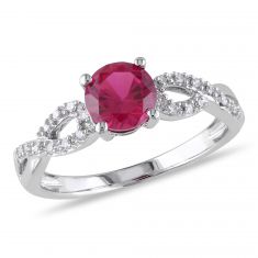 Round Created Ruby and 1/10ctw Diamond White Gold Infinity Fashion Ring