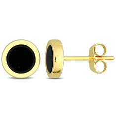 Round Double Flat-Cut Black Onyx Yellow Gold Stud Earrings