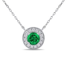 Round Emerald and 1/5ctw Lab Grown Diamond Halo White Gold Necklace