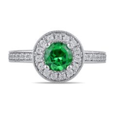 Round Emerald and 3/8ctw Lab Grown Diamond Halo White Gold Ring