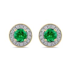 Round Emerald and 3/8ctw Lab Grown Diamond Halo Yellow Gold Stud Earrings