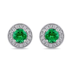 Round Emerald and 3/8ctw Lab Grown Diamond White Gold Halo Stud Earrings