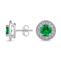 Round Emerald and 3/8ctw Lab Grown Diamond White Gold Halo Stud Earrings