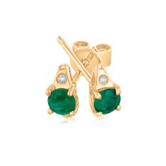 Round Emerald and Diamond Accent Yellow Gold Stud Earrings