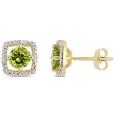 Round Peridot and 1/10ctw Diamond Halo Yellow Gold Stud Earrings