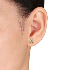Round Peridot and 1/10ctw Diamond Halo Yellow Gold Stud Earrings