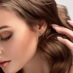 Round Peridot and 1/10ctw Diamond Halo Yellow Gold Stud Earrings