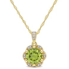 Round Peridot and 1/20ctw Diamond Halo Yellow Gold Pendant Necklace