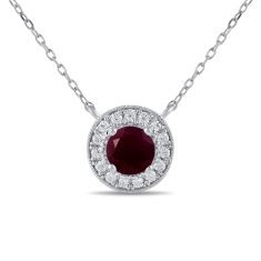Round Ruby and 1/5ctw Lab Grown Diamond Halo White Gold Necklace