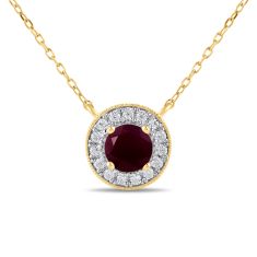 Round Ruby and 1/5ctw Lab Grown Diamond Halo Yellow Gold Necklace