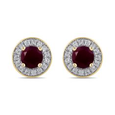 Round Ruby and 3/8ctw Lab Grown Diamond Yellow Gold Halo Stud Earrings