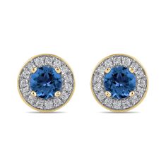 Round Blue Sapphire and 3/8ctw Lab Grown Diamond Yellow Gold Halo Stud Earrings