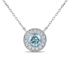Round Swiss Blue Topaz and 1/5ctw Lab Grown Diamond Halo White Gold Necklace