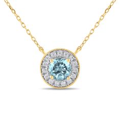 Round Swiss Blue Topaz and 1/5ctw Lab Grown Diamond Halo Yellow Gold Necklace