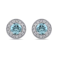Round Swiss Blue Topaz and 3/8ctw Lab Grown Diamond White Gold Halo Stud Earrings