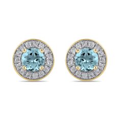 Round Swiss Blue Topaz and 3/8ctw Lab Grown Diamond Yellow Gold Halo Stud Earrings