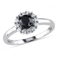 1ctw Round Black Diamond and Diamond Halo White Gold Engagement Ring ...