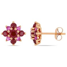 Ruby and Pink Sapphire Rose Gold Cluster Star Stud Earrings