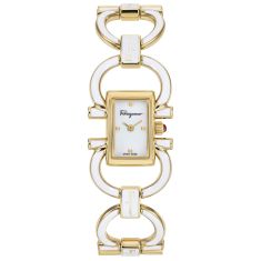Ferragamo Double Gancini Mini Ion-Plated Yellow Gold and White Enamel Bracelet Watch | 13.5mmx20.5mm | SFKH00323