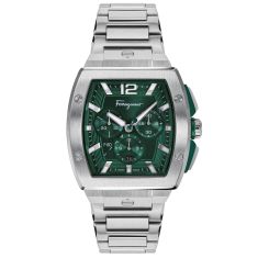 Ferragamo Sport-Luxury F-80 Tonneau Chrono Green Dial and Stainless Steel Bracelet Watch | 41.8mmx41.8mm | SFKE00523