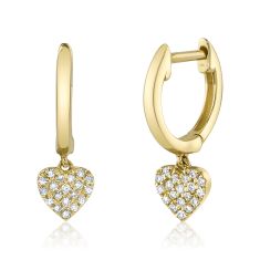 Shy Creation 1/10ctw Diamond Heart Yellow Gold Huggie Hoop Drop Earrings