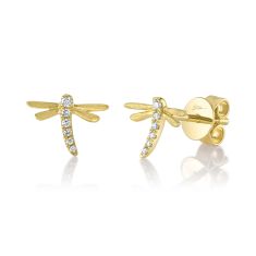 Shy Creation 1/20ctw Diamond Dragonfly Yellow Gold Stud Earrings