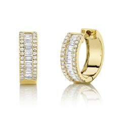 Shy Creation 1/2ctw Baguette and Round Diamond Yellow Gold Huggie Hoop Earrings