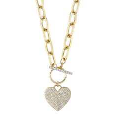 Shy Creation 1/2ctw Diamond Pave Heart Yellow Gold Paperclip Link Necklace
