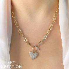 Shy Creation 1/2ctw Diamond Pave Heart Yellow Gold Paperclip Link Necklace