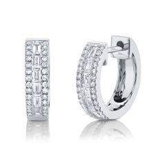 Shy Creation 1/3ctw Baguette and Round Diamond White Gold Huggie Hoop Earrings