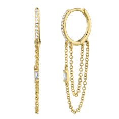 Shy Creation 1/5ctw Baguette and Round Diamond Yellow Gold Chain Drop Hoop Earrings