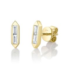 Shy Creation 1/5ctw Baguette Diamond Yellow Gold Hexagonal Stud Earrings