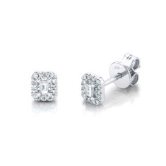 Shy Creation 1/8ctw Baguette Diamond White Gold Halo Stud Earrings