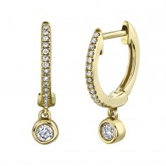 Shy Creation 1/8ctw Diamond Bezel Charm Yellow Gold Huggie Hoop Earrings