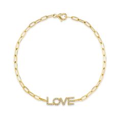 Shy Creation 1/8ctw Round Diamond Yellow Gold "LOVE" Paperclip Link Bracelet