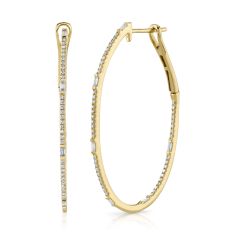 Shy Creation 3/8ctw Baguette and Round Diamond Yellow Gold Oval Hoop Earrings