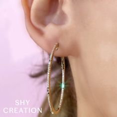 Shy Creation 3/8ctw Baguette and Round Diamond Yellow Gold Oval Hoop Earrings